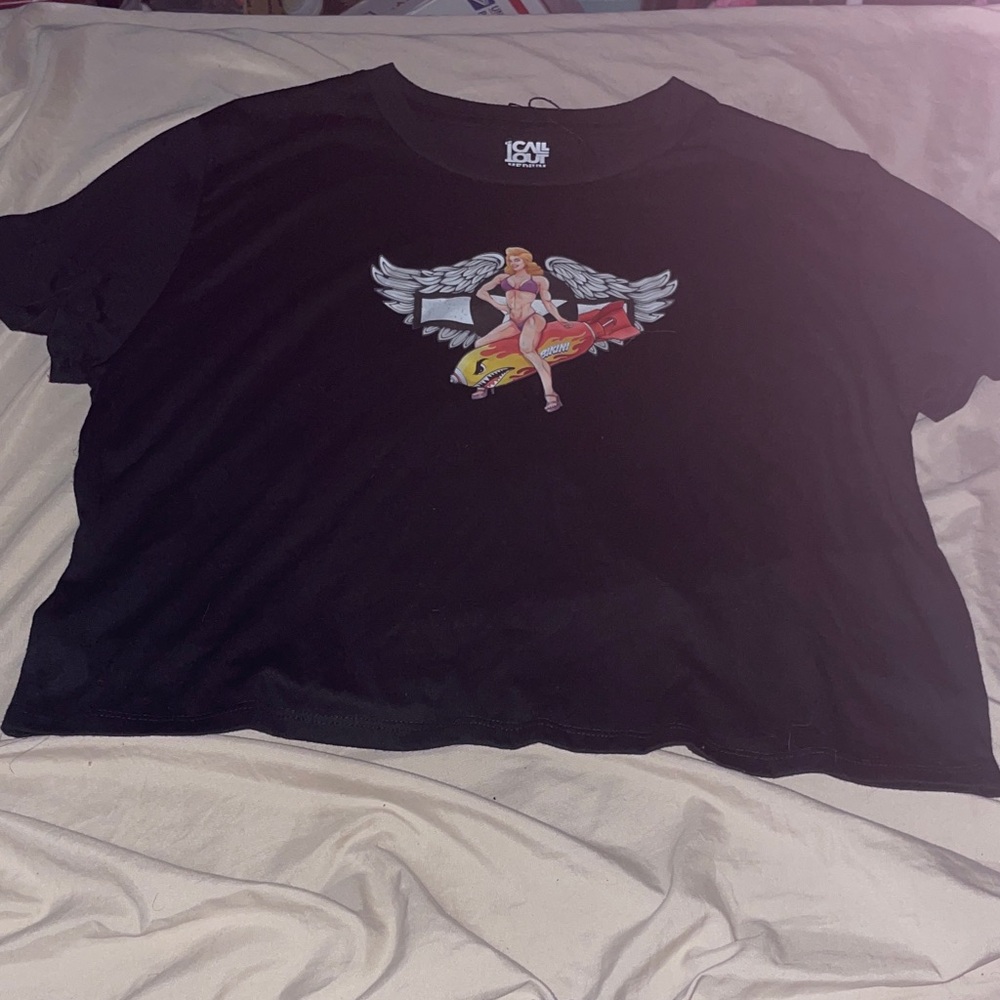 Black Short Sleeve Graphic Tee - Angel Pinup Rocket